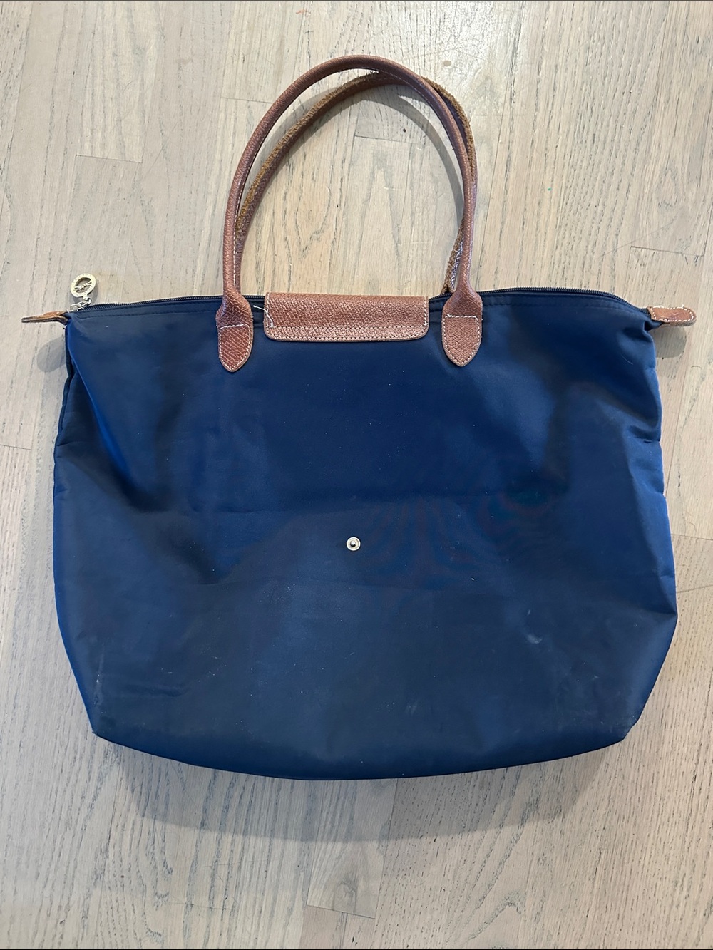 Longchamp Navy Nylon Tote with Brown Leather Trim - Picture 4 of 6